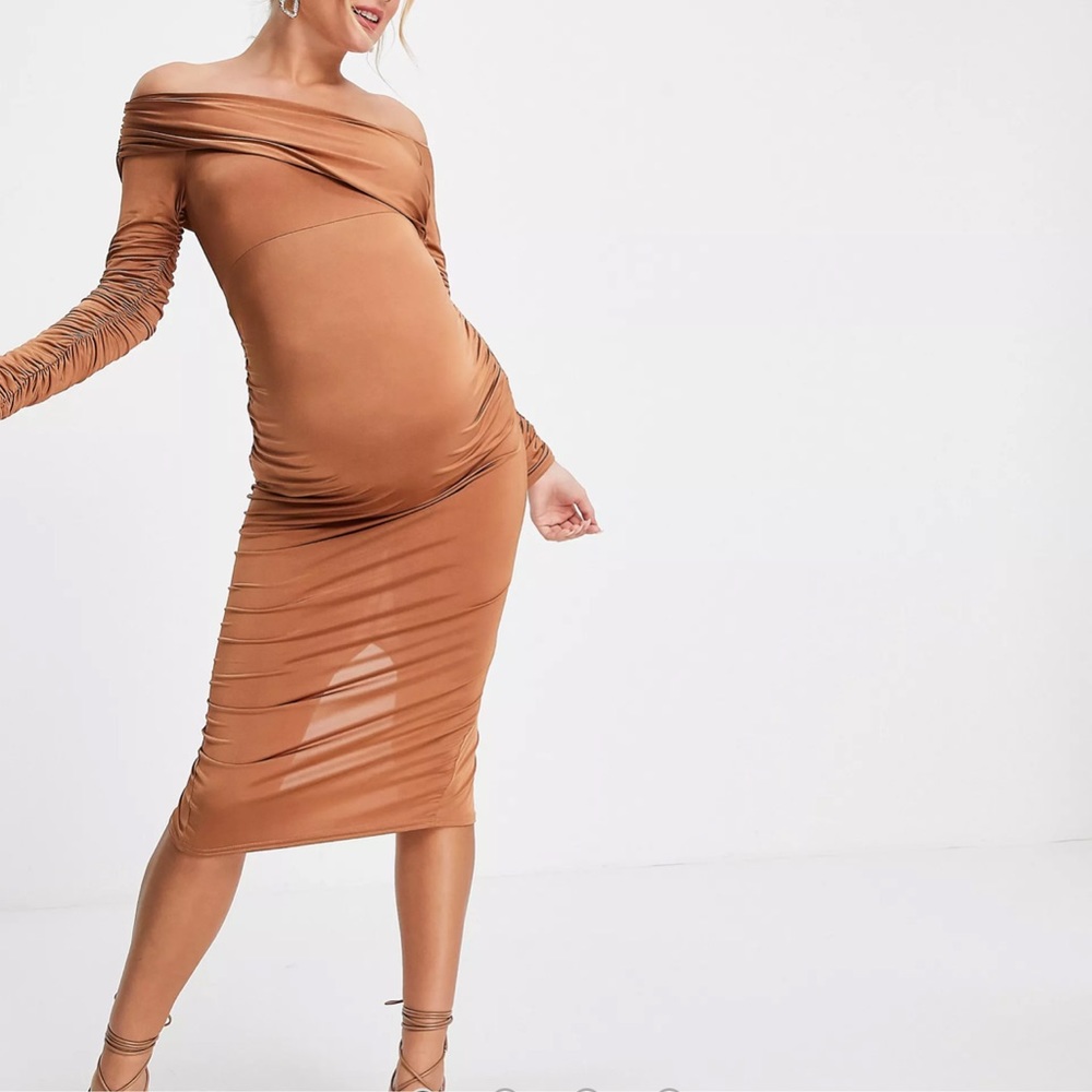ASOS DESIGN Maternity ruched off shoulder body-conscious midi dress